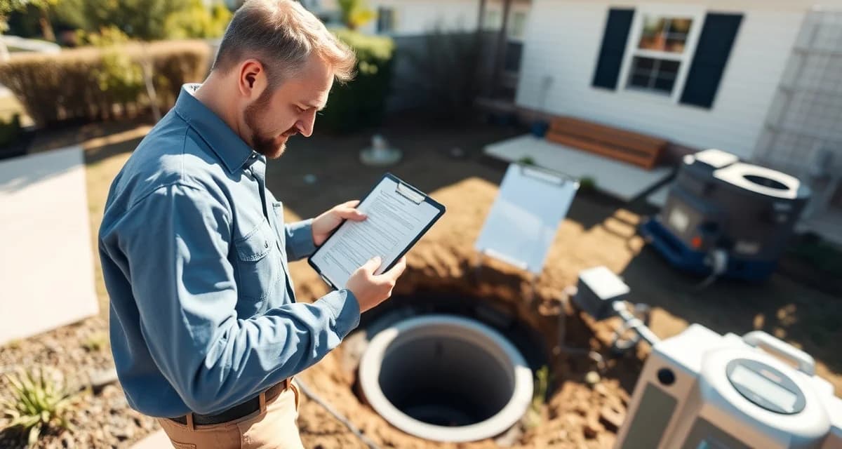 Pre-inspection data collection for septic systems Septic system inspector completing a pre-inspection questionnaire on tablet at property site with tank location visible