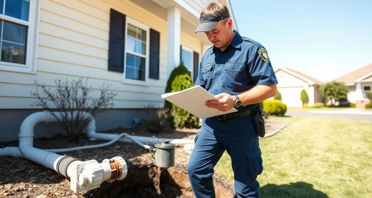 Real estate septic inspection process Professional septic inspector performing a detailed septic system inspection at a residential property during real estate transaction.