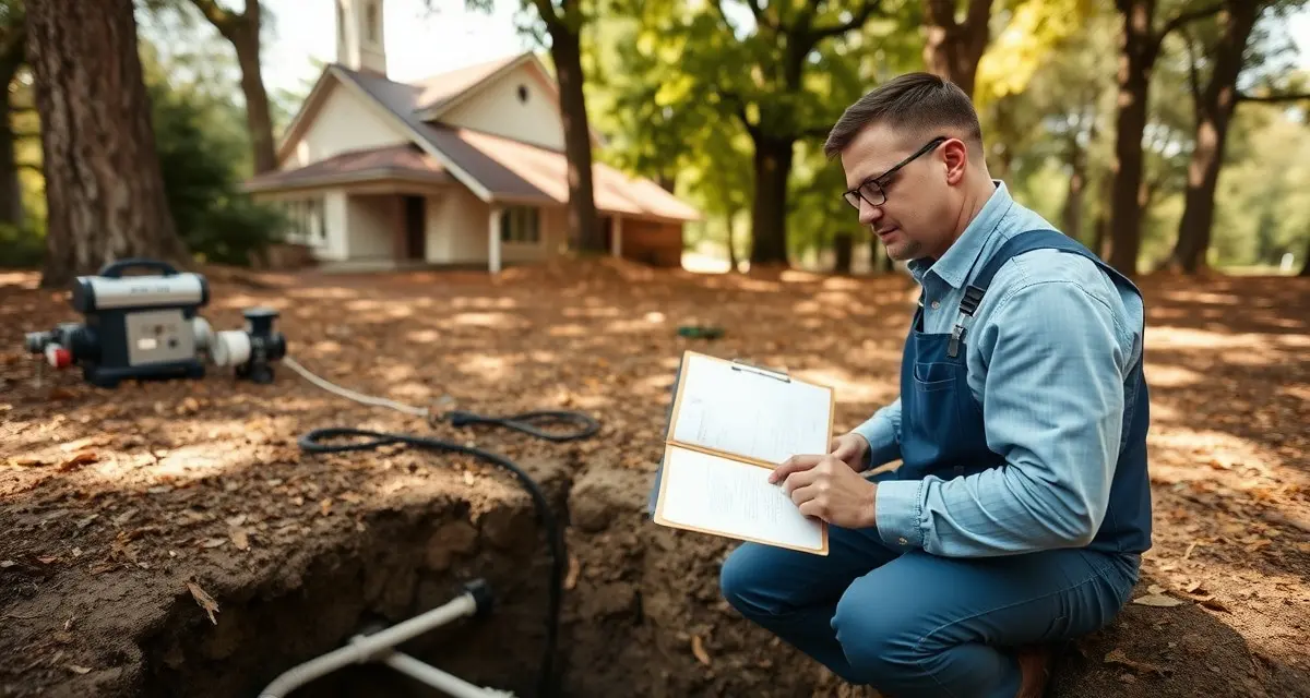 Professional septic inspection for church and religious facility compliance Septic system inspection specialist documenting condition at religious property facility with professional equipment and compliance records