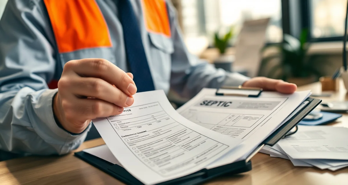 Professional septic inspection documentation Septic inspector documenting findings on standardized inspection report form with precise technical language