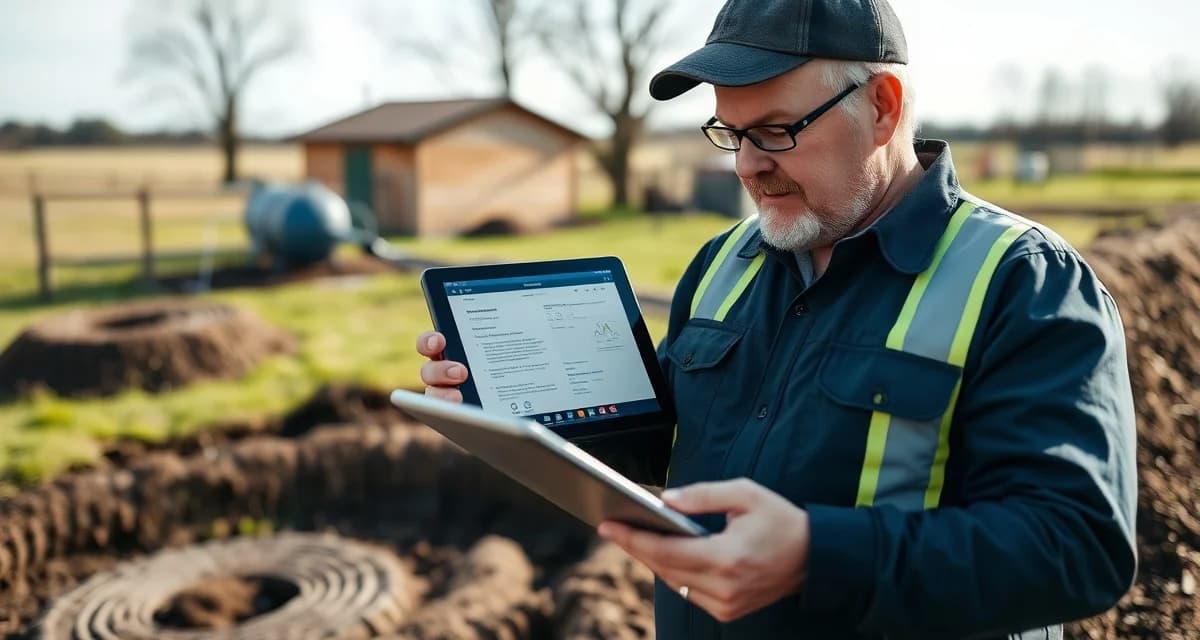 Digital septic service management platform for inspectors Septic inspection software interface displayed on tablet during professional septic system inspection and reporting process.