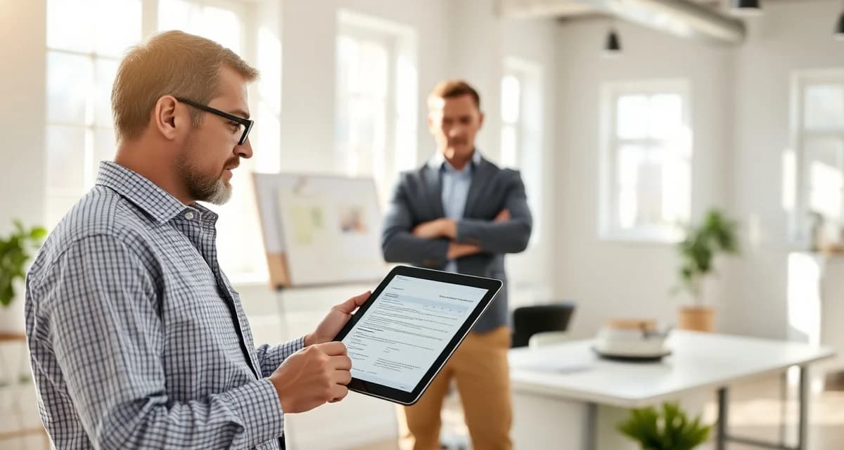 Septic inspection management software for real estate professionals Real estate agent reviewing septic inspection software report on tablet with inspector collaboration displayed