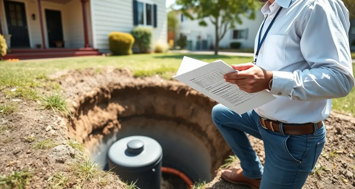 Septic inspector with compliance checklist Septic inspection company professional reviewing startup checklist during residential system evaluation
