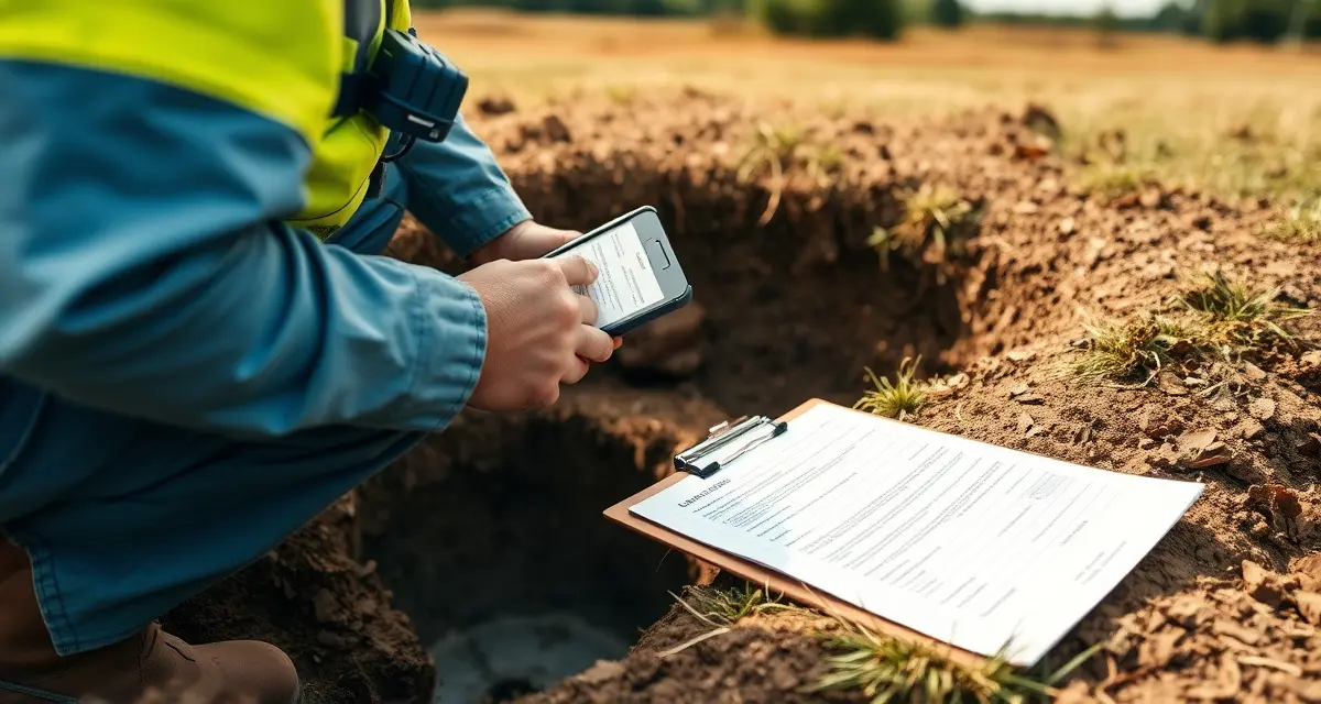 Septic compliance inspection documentation Professional septic system inspection for title company compliance showing inspector examining septic tank installation at rural property