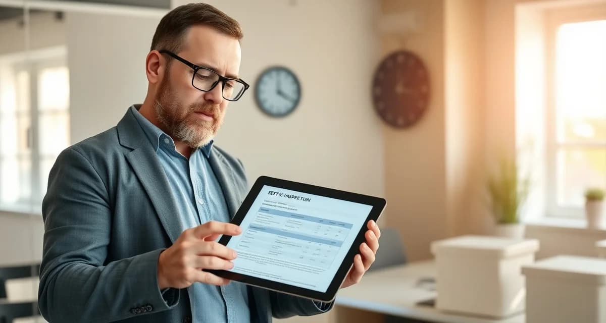 Digital septic inspection report delivery process Inspector reviewing septic inspection turnaround time report on digital tablet in professional office environment