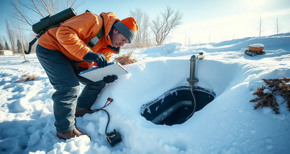 Winter septic tank inspection process Professional technician performing septic system inspection during winter with snow-covered ground and frozen soil conditions