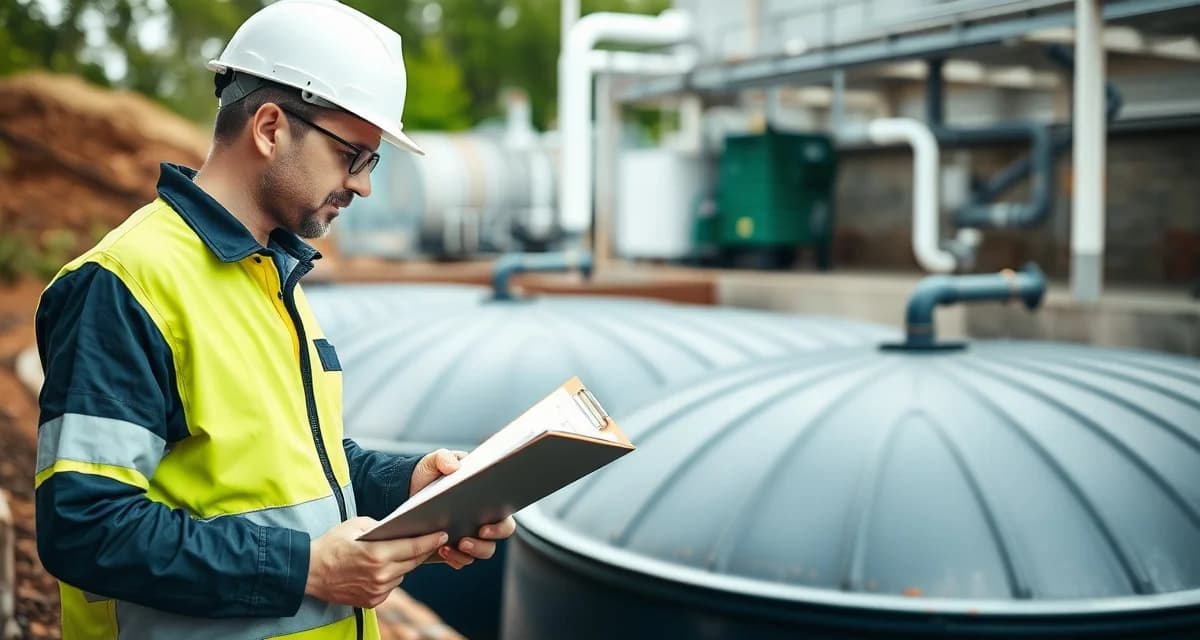 Septic Inspector Certification Professional Standards Certified septic inspector conducting professional septic system inspection with documentation clipboard and safety equipment