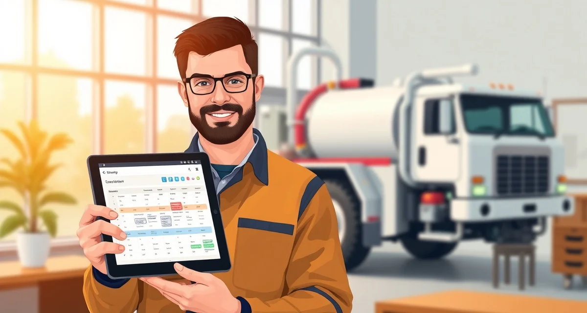 SepticMind scheduling management platform in action Septic technician managing job scheduling software on mobile device with pump truck coordination displayed