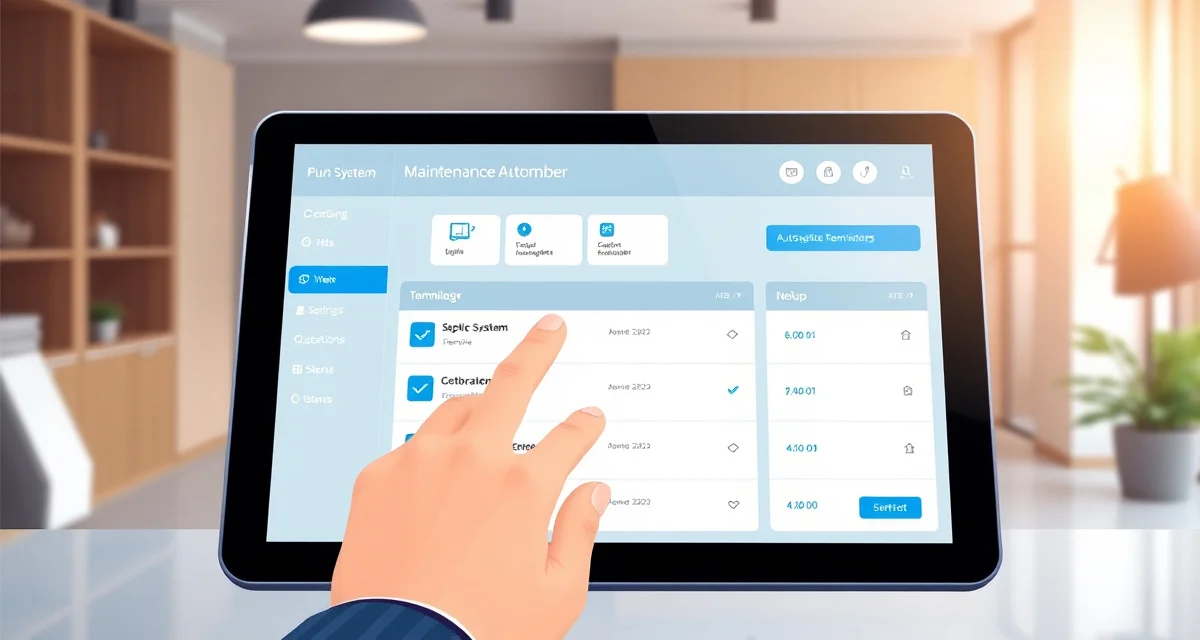 Automated septic maintenance reminder system interface Septic maintenance automation dashboard showing scheduled reminders and system alerts for preventive service planning.