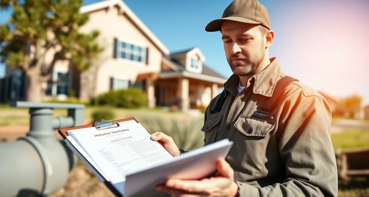 Professional septic system maintenance documentation Septic service professional documenting maintenance records during system inspection with organized record-keeping clipboard