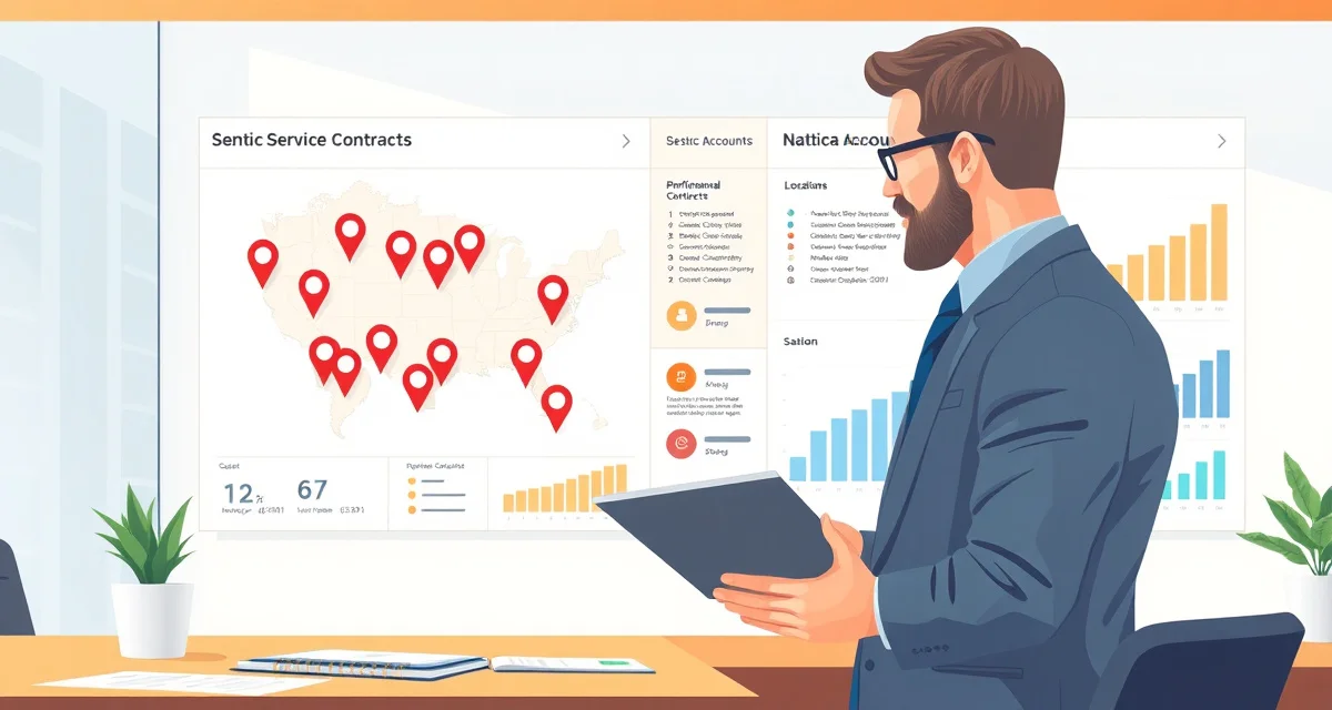 National account septic service management visualization Septic service national account manager reviewing consolidated billing and multi-location performance reporting on dashboard