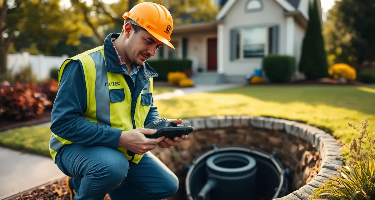 Professional septic service response protocol Septic system technician conducting odor complaint investigation and tank inspection at residential property