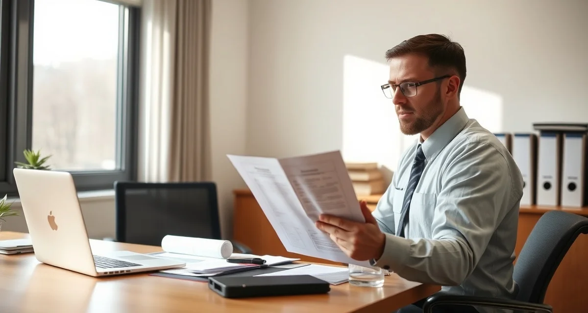 Septic permit denial response process documentation Septic system inspector reviewing permit denial letter and appeal documentation at office desk with organized files