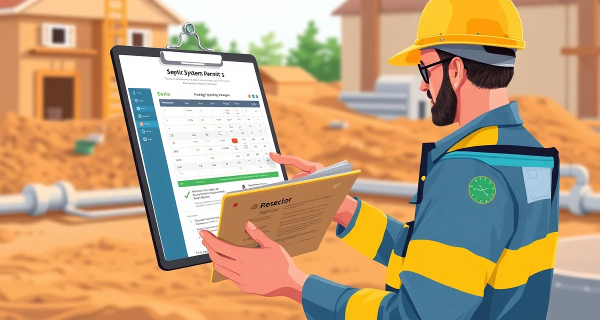 Automated septic permit deadline management Septic permit renewal tracking system showing inspector reviewing documents with automated deadline alerts on digital dashboard.