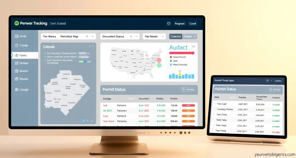 Permit tracking system interface Septic permit tracking software dashboard displaying multi-county permit management and status organization for environmental services applications.