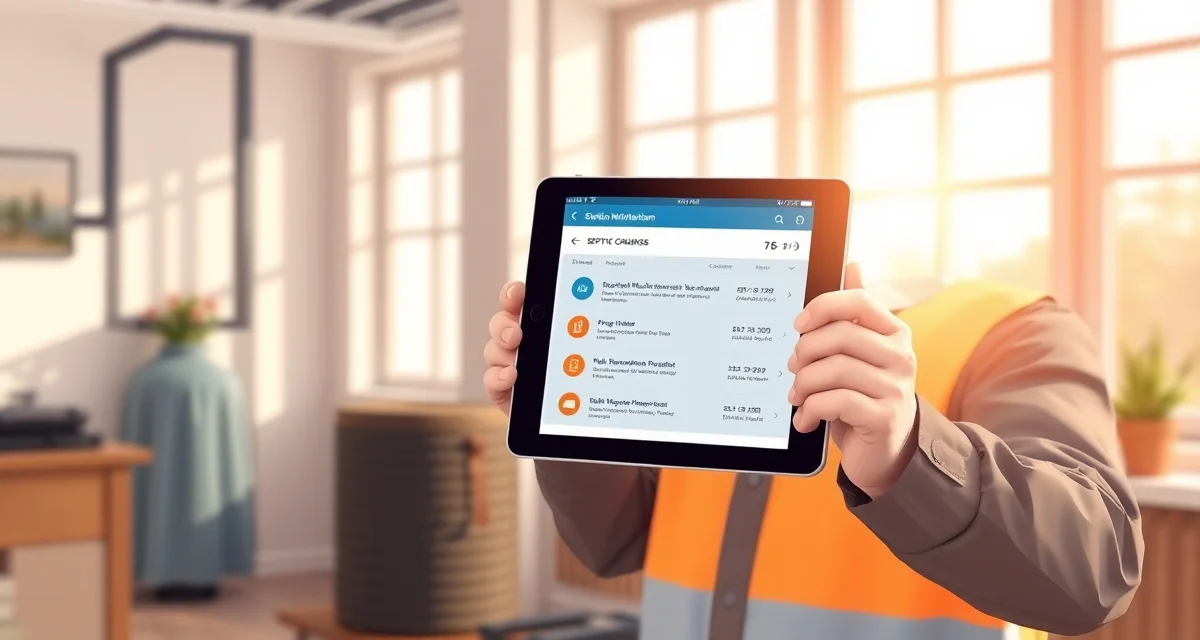 Digital maintenance scheduling platform for septic companies Septic preventive maintenance software dashboard displaying scheduled service appointments and inspection reminders on a technician's tablet