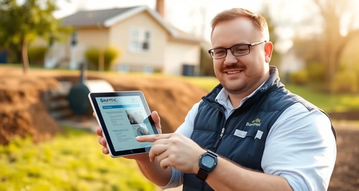 Modern septic service proposal software in field use Septic technician reviewing digital service proposal on tablet during residential septic system inspection