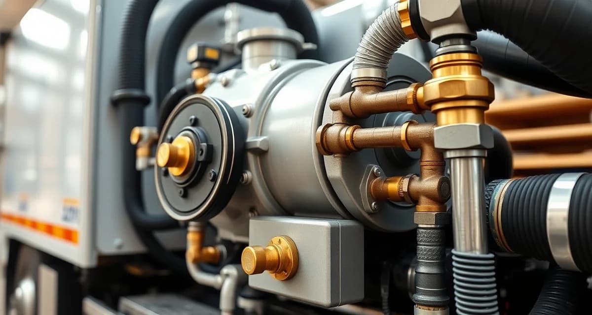 Professional septic pump equipment for service operations Industrial septic vacuum pump with brass fittings mounted on service truck for holding tank pumping operations