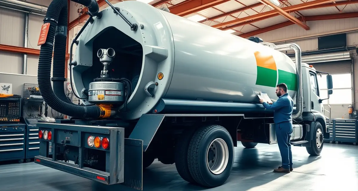 Professional septic truck maintenance and fleet management Septic pump truck undergoing routine maintenance inspection in a professional service facility with organized equipment and tools.