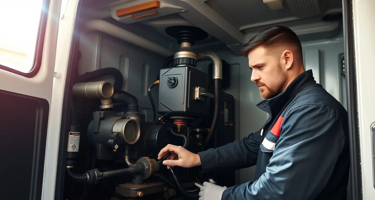 Preventative septic truck maintenance best practices Septic pump truck maintenance technician inspecting vacuum pump oil and engine components during scheduled service interval