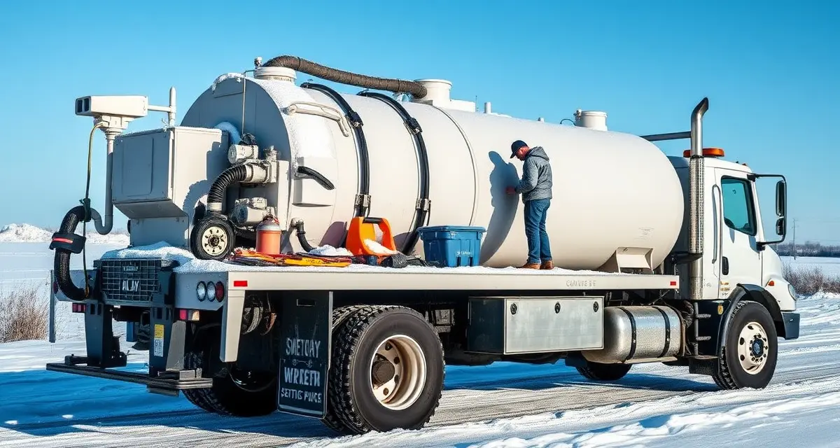 Winter-ready septic equipment maintenance Septic pump truck winterization preparation showing equipment maintenance for cold climate septic company operations