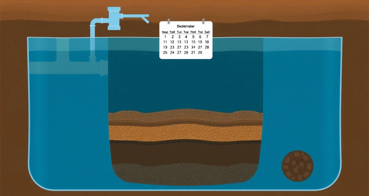 Septic system regulations by state guide Septic tank cross-section diagram showing sludge buildup levels and state-specific pumping frequency requirements and inspection schedules.
