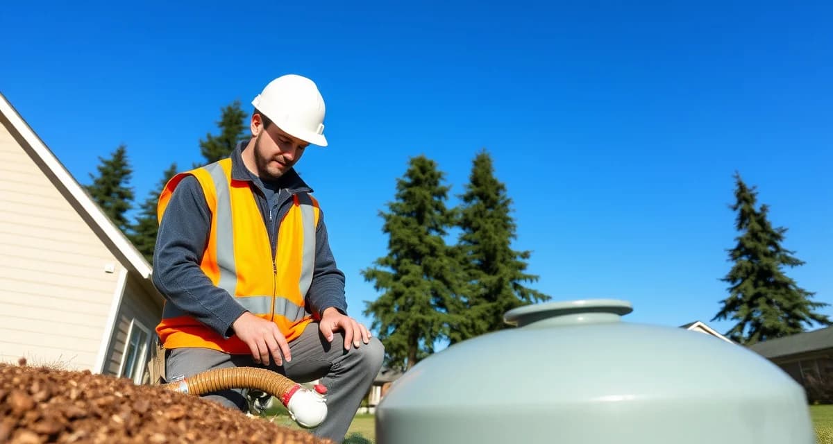 Professional septic pumping service in King County Septic system inspection technician performing maintenance on onsite sewage system in King County, Washington residential area