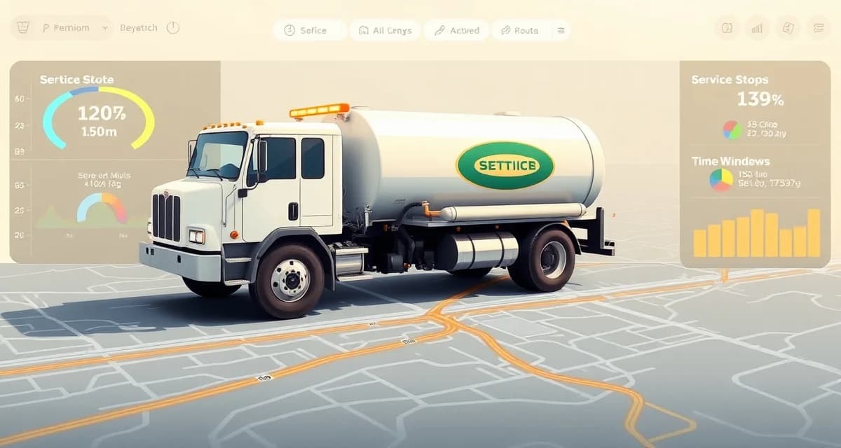 Route optimization for septic pumping service management Septic pump truck following an optimized daily route on a digital map showing scheduled service stops and time windows for efficient route planning.