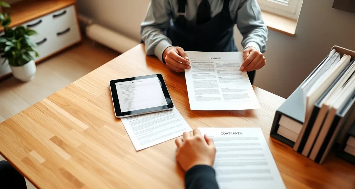 Professional septic service contract documentation Septic pumping service contract template displayed on tablet with filed agreements and documentation organized on desk