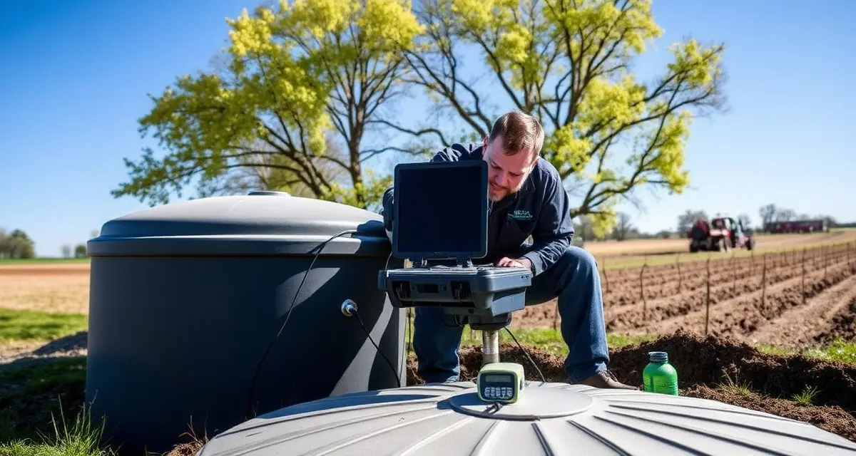 Professional septic tank inspection service in Midwest region Septic system technician performing inspection and maintenance on residential septic tank in Midwest rural property setting