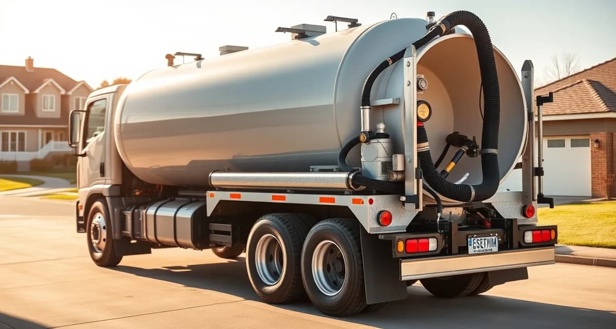 Septic pump truck for service and inspection Professional septic pumping truck with large vacuum tank and pump equipment parked on concrete surface