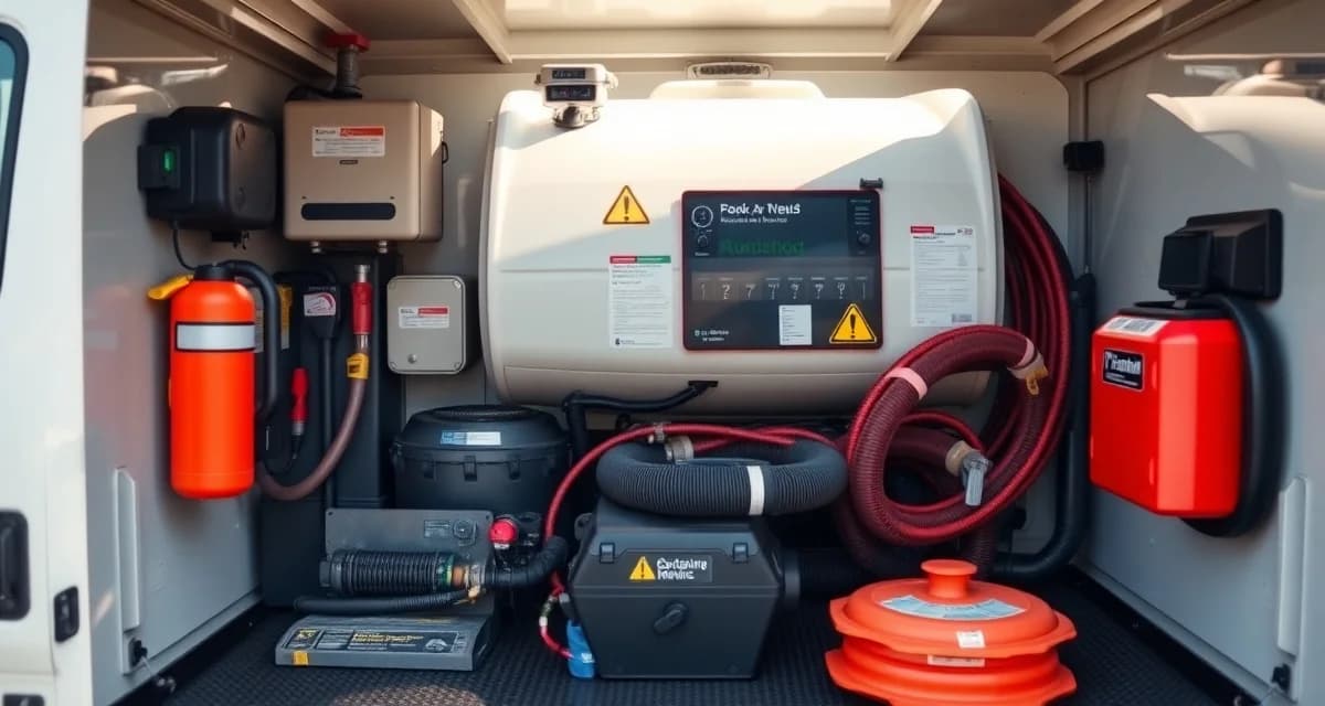 Compliant septic truck equipment and safety setup Properly equipped septic pumping truck displaying full safety equipment, hoses, and compliance documentation setup for new septic service companies