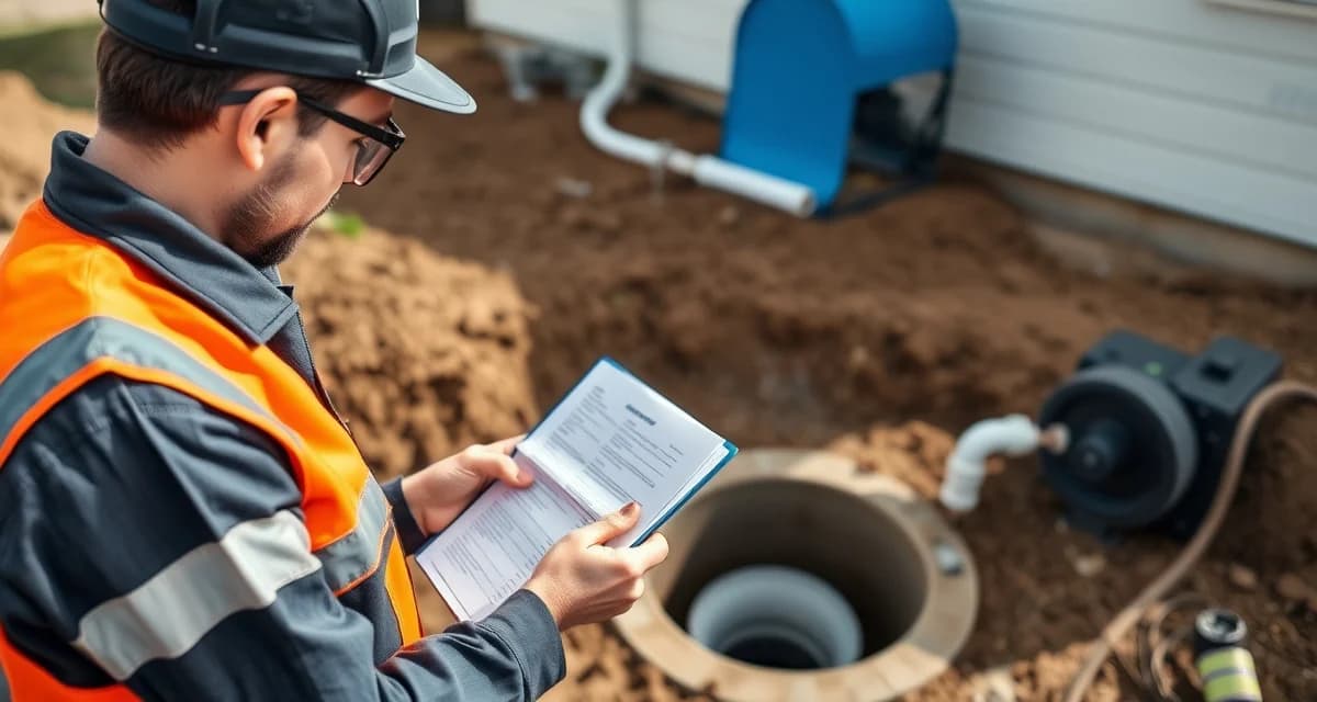 Septic service quality control inspection process Septic technician conducting quality control inspection with standardized checklist at residential septic system service site