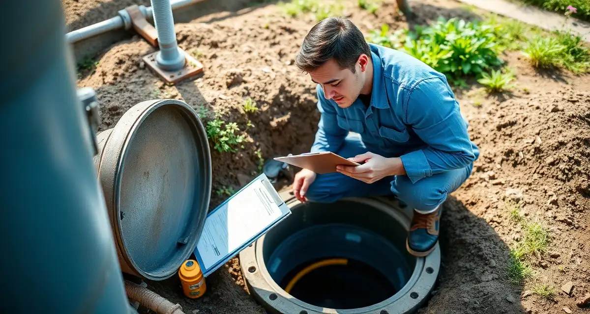 Septic repair permit inspection process Professional septic system inspector examining tank access point to determine repair permit requirements and compliance needs