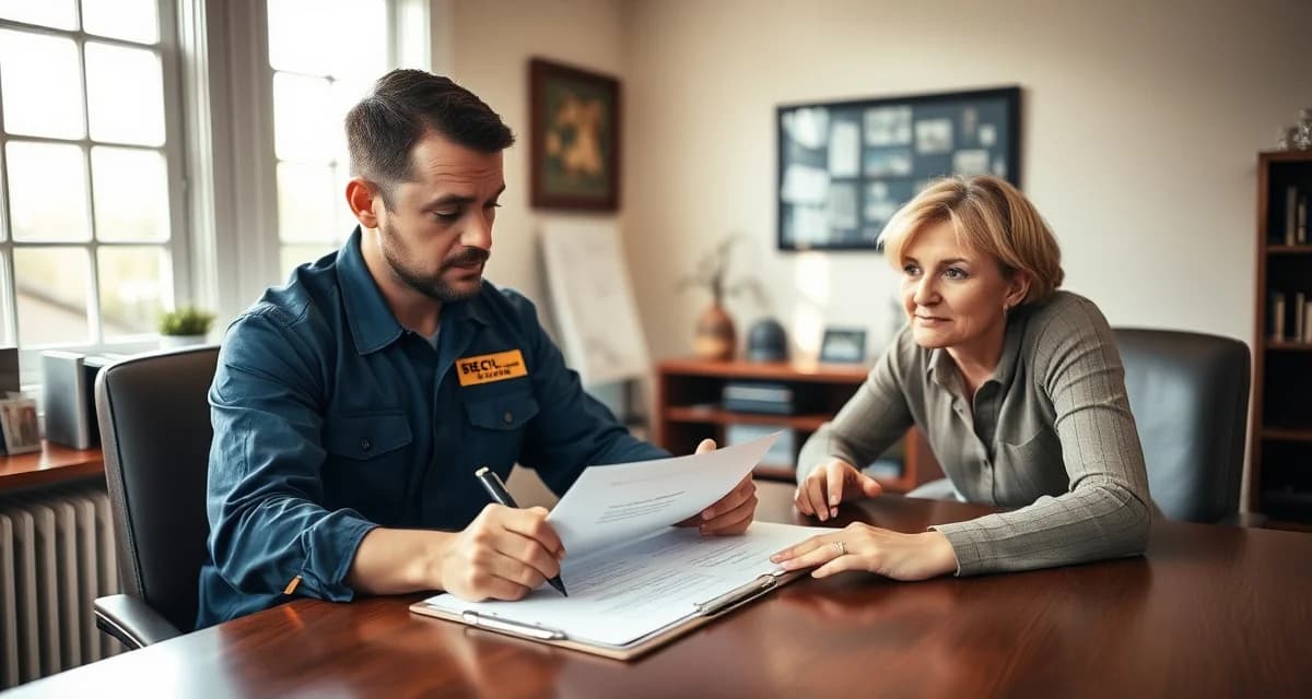Professional septic service contract documentation Septic service agreement template being reviewed between technician and homeowner at desk with clipboard and pen