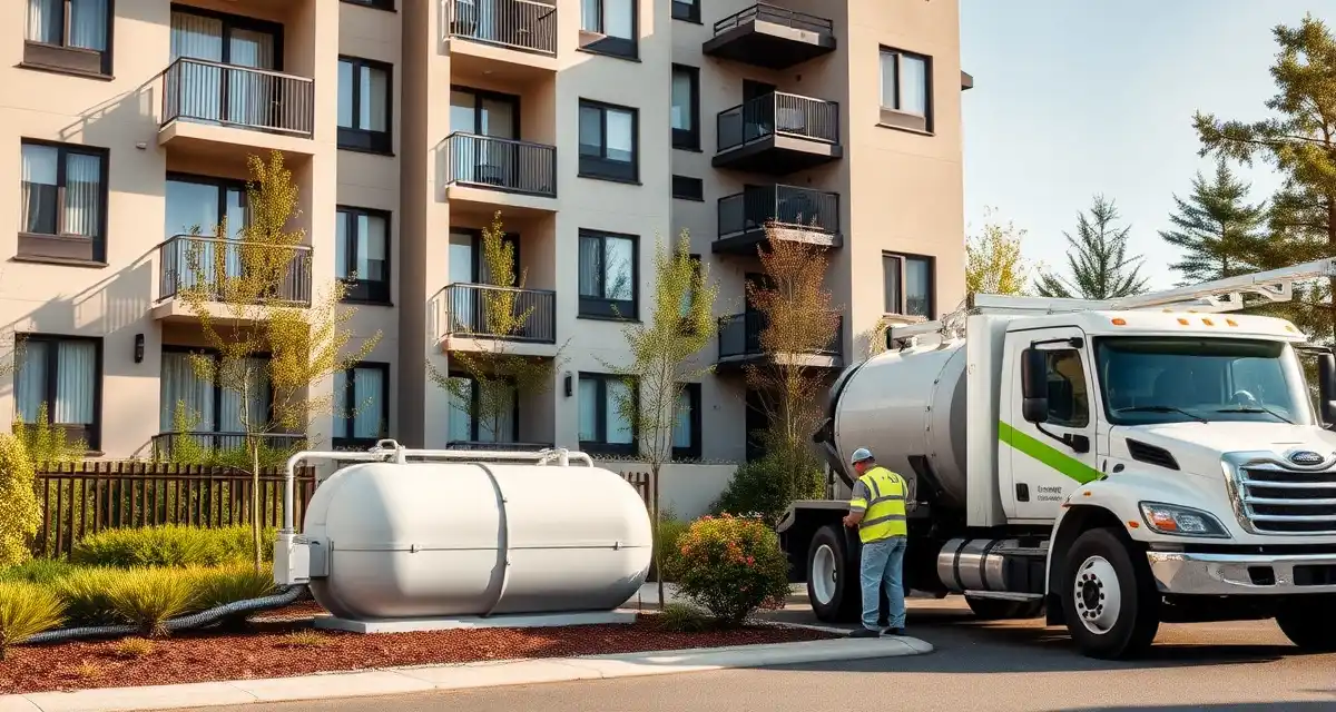 Multi-family septic system inspection service Professional septic system inspection and service for apartment buildings with technicians performing maintenance on multi-family residential property.