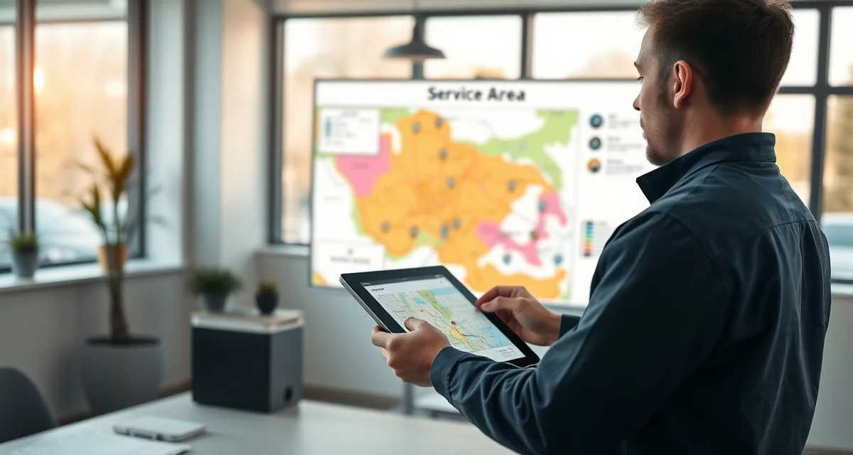 Service area planning for septic system businesses Septic service area management map showing defined coverage zones and profitable service boundaries for septic companies.