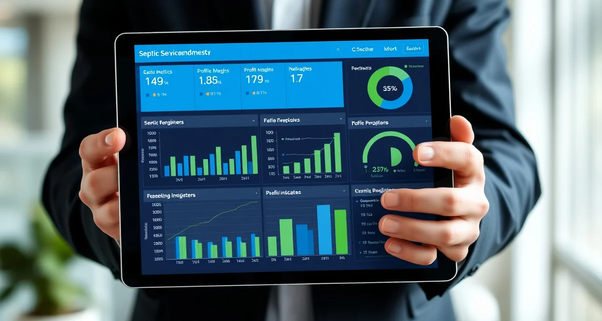 Industry benchmark data visualization for septic service companies Septic service business benchmarks dashboard showing revenue per truck, profit margins, and key performance metrics for industry comparison.