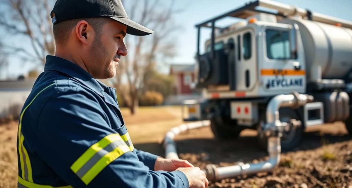 Professional septic system service and inspection Septic service technician performing professional inspection and maintenance on residential septic tank system with equipment and truck visible