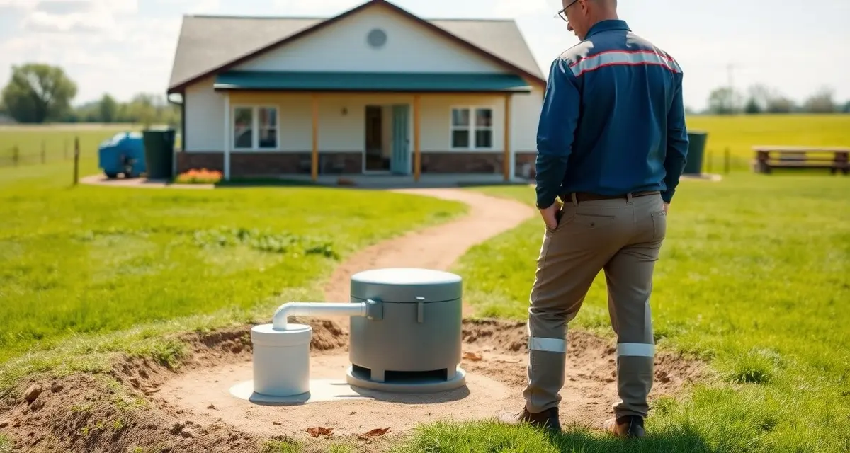 On-farm childcare septic system inspection and maintenance Septic system inspection technician servicing childcare facility septic tank on farm property for regulatory compliance