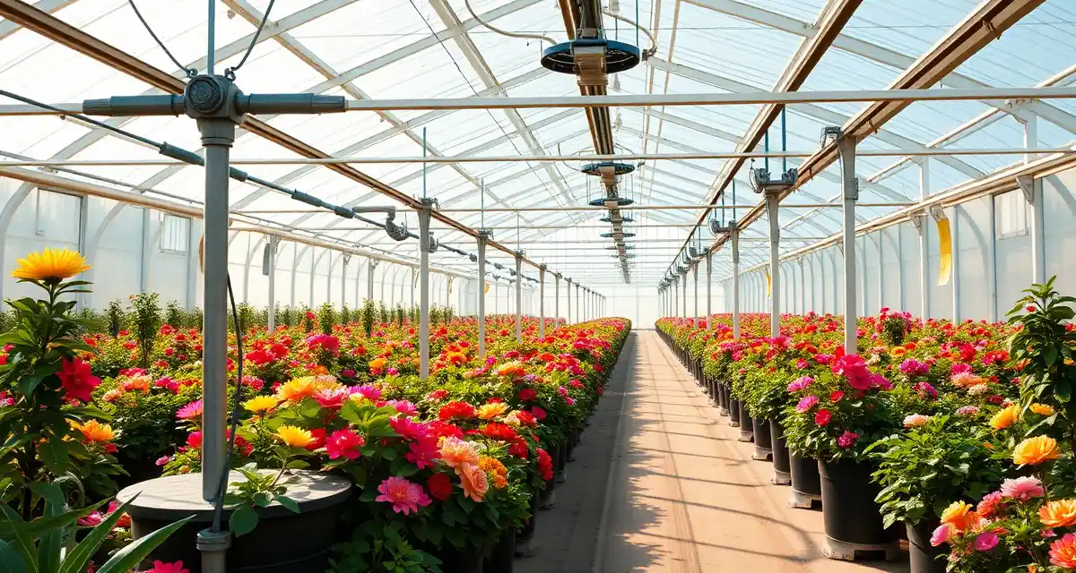 Greenhouse septic system management for flower nurseries Commercial greenhouse interior with irrigation systems servicing rows of potted flowers and plants, demonstrating septic service management for nurseries.