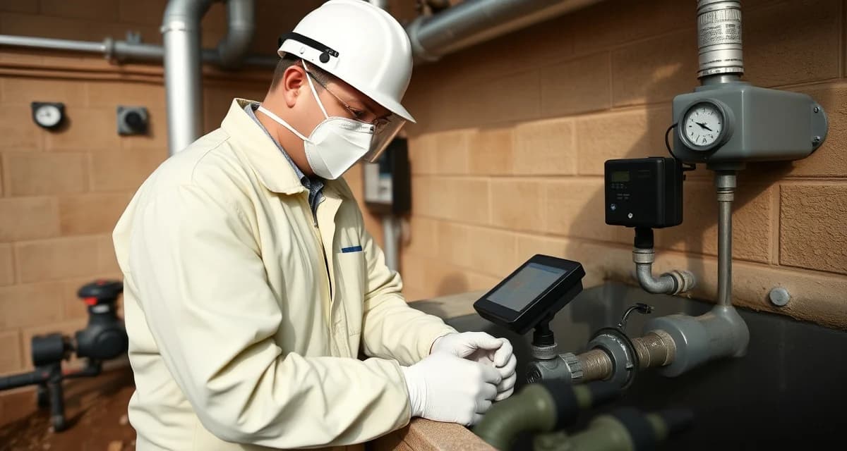 Professional septic system service for mortuary facilities Septic technician performing specialized inspection and maintenance on funeral home septic system to monitor formaldehyde contamination risks