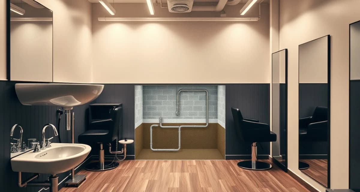 Septic system requirements for professional hair salons Hair salon sink station with septic system diagram showing underground tank and drainage infrastructure for beauty shop wastewater management.