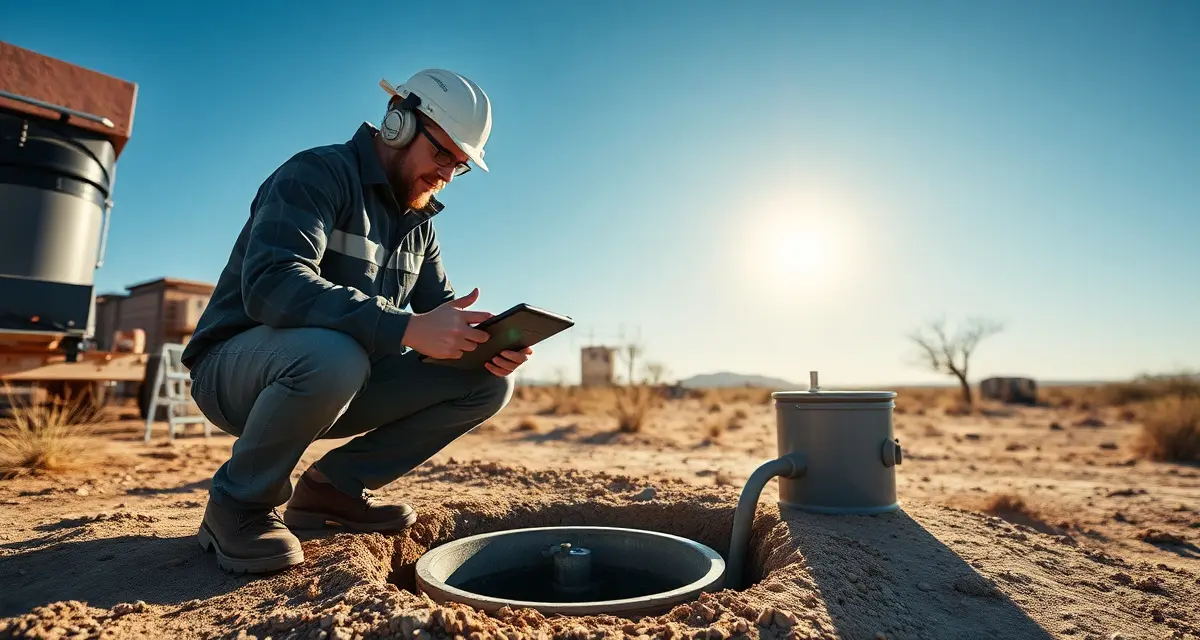 Tribal septic compliance inspection process Septic system inspection technician performing compliance documentation at a Native American tribal community facility with multi-agency oversight.