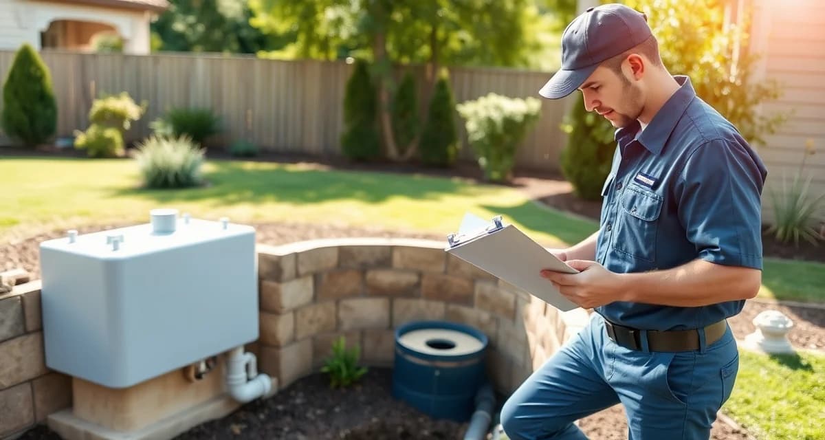 Professional septic niche specialist performing system inspection Septic service specialist conducting professional inspection of residential septic system tank with expertise and precision