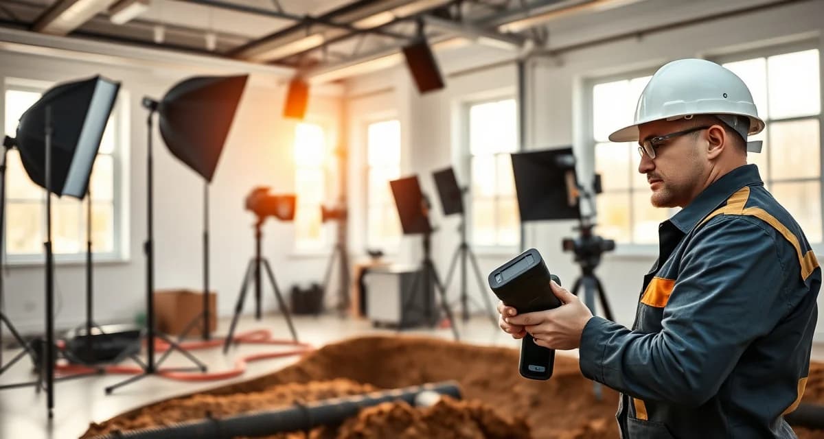 Photography studio septic system maintenance and inspection Professional septic system inspection technician examining underground pipes at a photography studio facility with modern equipment.