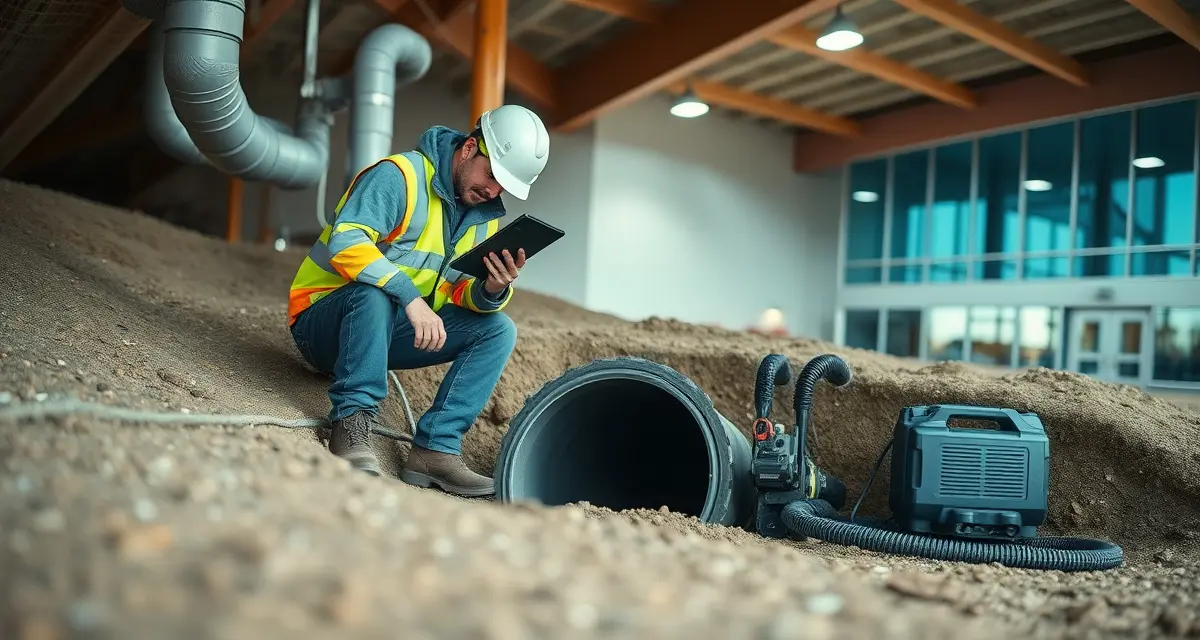 Commercial septic tank maintenance for gyms and recreation centers Professional septic technician servicing a commercial septic system for a recreation center gym facility with high-traffic restroom demands