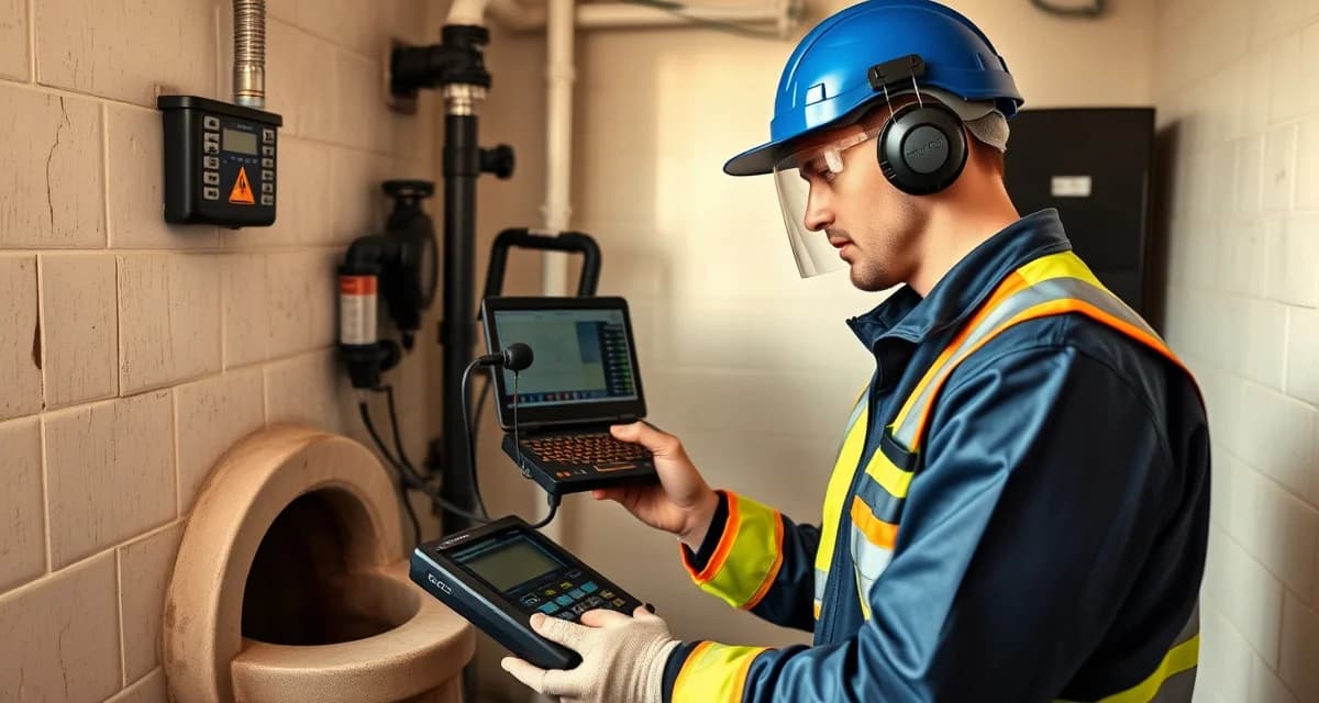 Professional septic inspection for youth residential facilities Septic system technician performing inspection at residential treatment facility with diagnostic equipment and professional tools