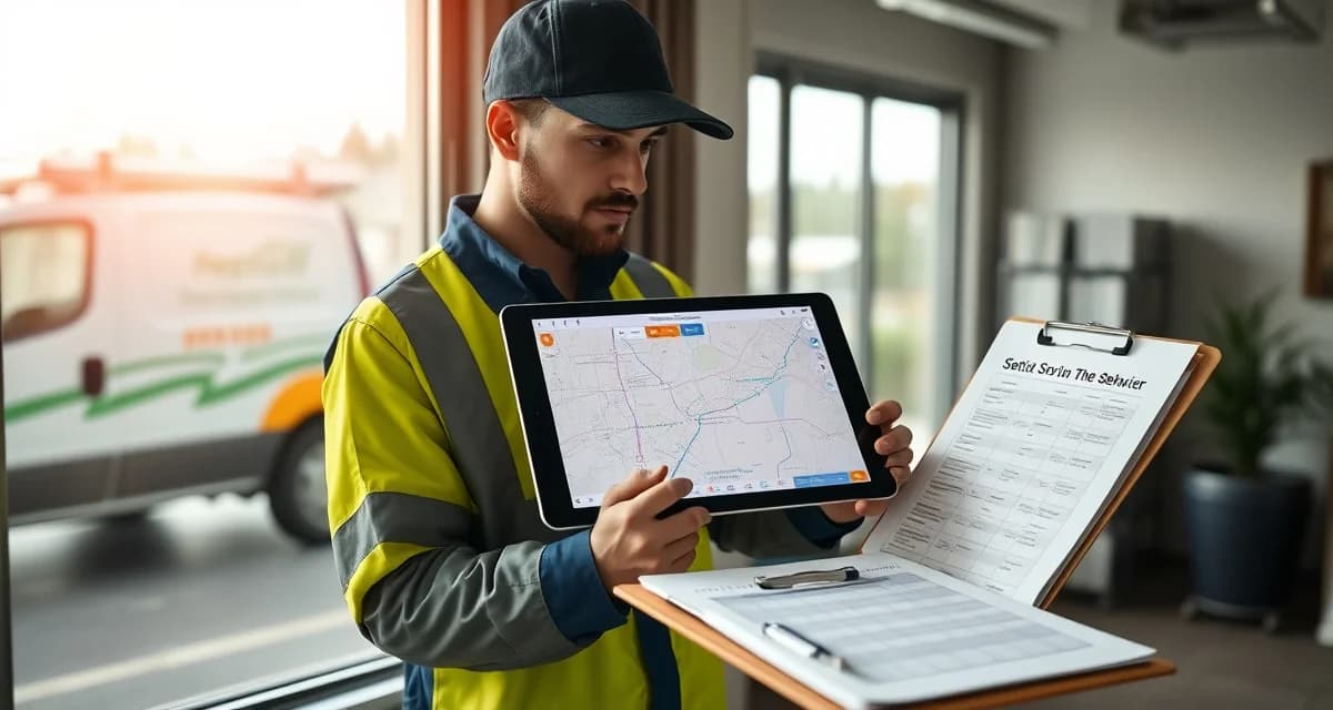 Efficient septic service route planning software Septic service technician planning optimized service route on digital map to minimize drive time and maximize daily jobs