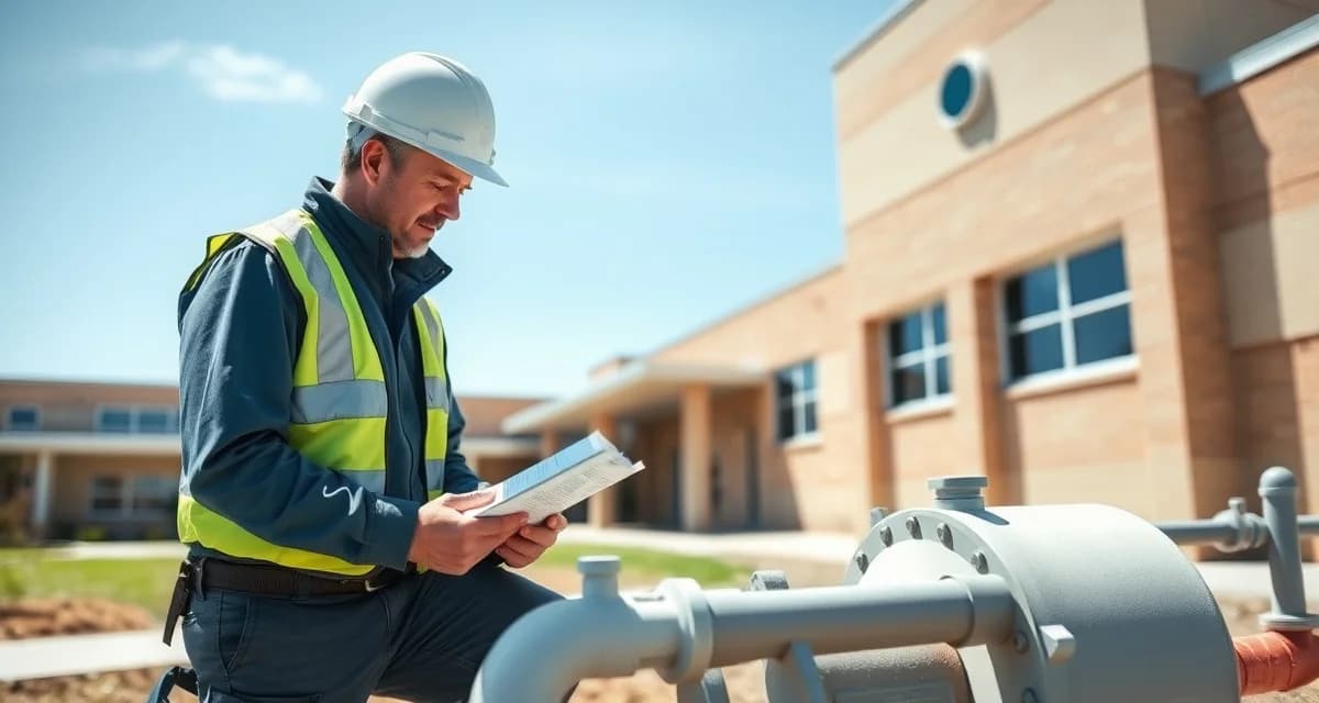 Institutional septic service inspection for schools School septic system inspection showing maintenance professional assessing institutional septic service compliance and system components.